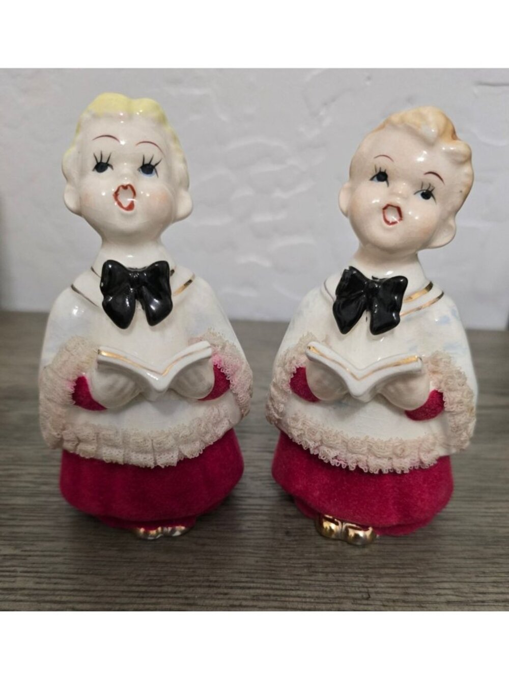 Vintage Christmas Caroler Choir Boy and Girl Figurines Spaghetti Lace Red Velvet